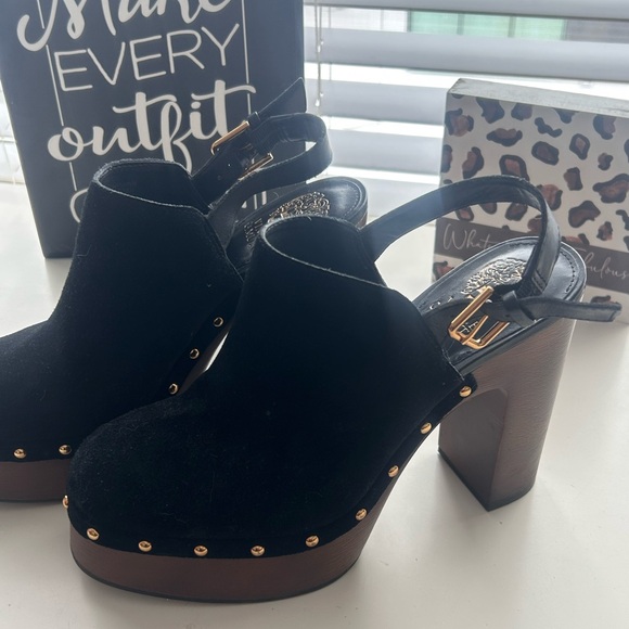 Vince Camuto Black Suede Mules with Gold Accents - Picture 2 of 7